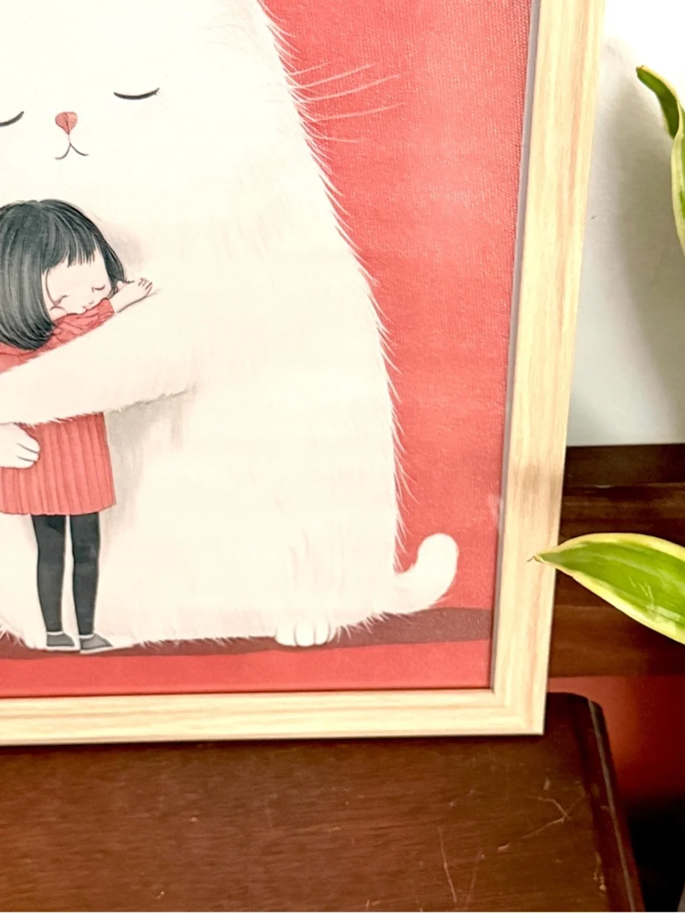 White Cat Hugging a Girl Red Background Canvas Art Print Framed Wall Hanging Art